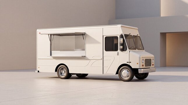 White food truck mockup with open hatch window, clean side view template for vehicle advertisement, street food catering branding, and design display