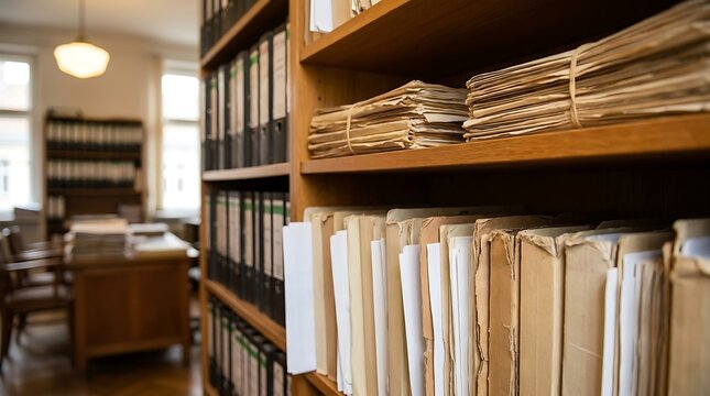 Vintage archive with folders and binders on shelves in library room, historical documents and research material for study and information storage.