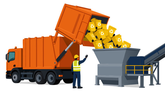 Orange garbage truck tipping back to pour cascade of yellow recycling bins into gray recycling plant hopper with worker directing operation, waste management illustration