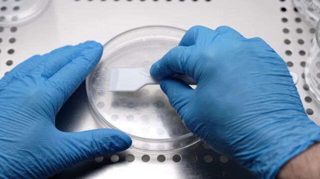 Gloved Hands Scraping Transparent Culture Surface on Bioscience Bench for Laboratory Research