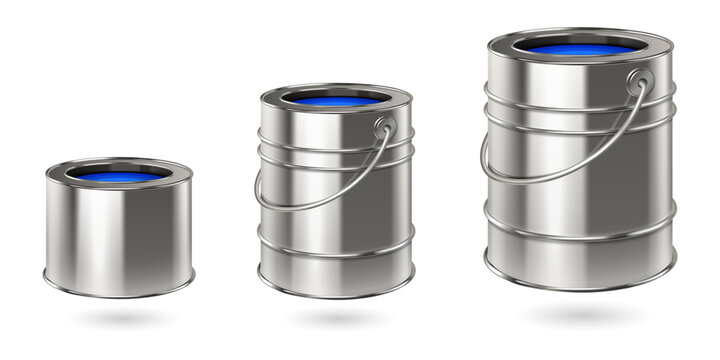 Three silver metal buckets with blue interiors transparent background