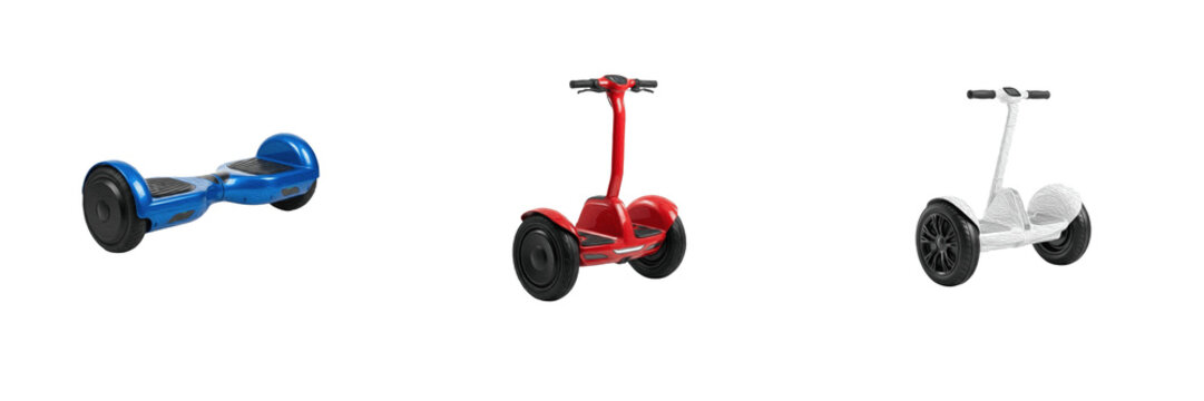 Hoverboards and Self-Balancing Scooters PNG Bundle: Modern Electric Scooters with Handlebars and Standup Boards in Blue, Red, and White, Urban Mobility and Electric Transport Graphic Elements Isolated