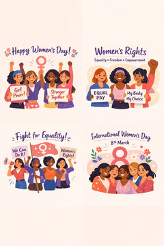Colorful illustration for Women's Day with diverse women, slogans, and flowers