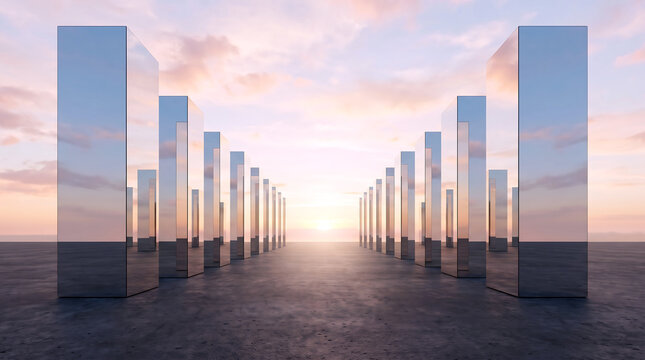Reflective metallic monoliths standing tall along parallel paths during soft pastel sunset horizon