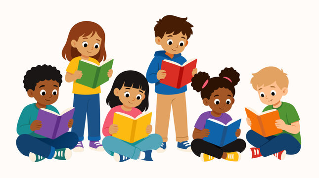 Diverse group of six multicultural children sitting and standing while reading colorful books together, engaged happy expressions, educational cartoon vector illustration for learning and literacy