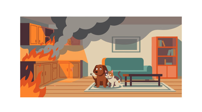 Two Scared Domestic Pets Dog and Cat Huddled Together on Living Room Rug as Heavy Smoke and Flames Spread from Kitchen Area in House Fire Emergency Safety Concept Illustration