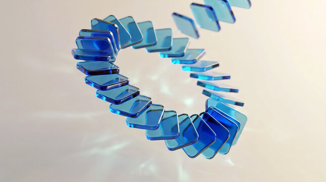 Floating translucent blue square tiles arranged into a dynamic spiraling formation against soft