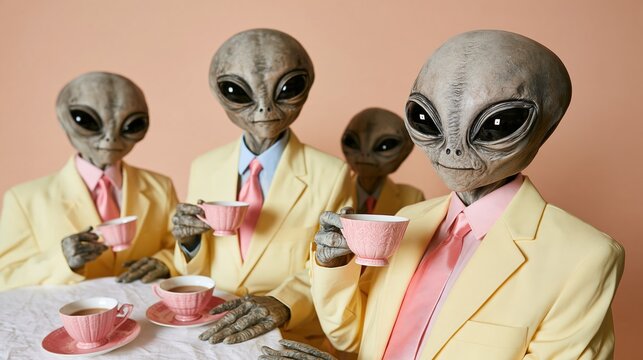 A group of grey aliens wearing formal yellow suits and pink ties sit around a table drinking tea from delicate pink porcelain cups against a solid light orange studio background setting.