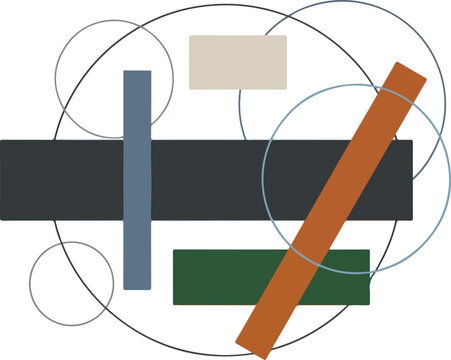 Abstract geometric composition featuring colorful rectangles and circles on a plain white background