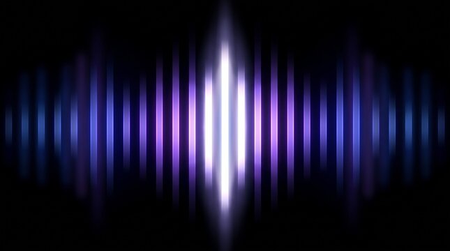 Abstract digital sound wave visualization with glowing purple and white vertical bars on a dark black background
