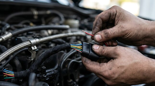 Auto technician dirty hands troubleshooting vehicle engine electrical connection repairing broken red wire of black wiring harness plug in garage workshop close up.