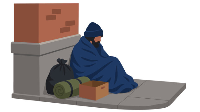 Lonely homeless man wrapped in blue blanket sitting on city sidewalk beside brick building with cardboard box sleeping bag and belongings poverty homelessness social issue vector illustration
