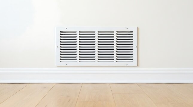 White rectangular air vent grill installed on light beige wall with white baseboard and wooden floor in room interior.