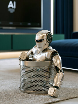 A futuristic metallic robot sitting inside a perforated silver trash bin on a living room carpet, symbolizing outdated artificial intelligence technology