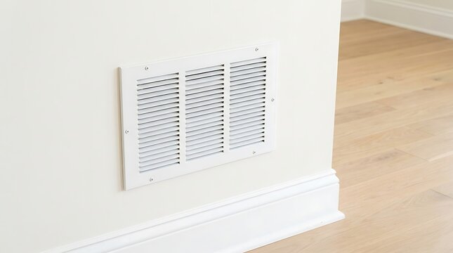 White air vent grille on a pale wall near baseboard in a modern interior home with wood flooring emphasizing clean and simple design.