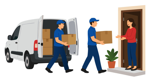 Two professional delivery workers in blue uniforms carrying brown cardboard boxes from white van to female customer at front door, same day courier service vector illustration flat design