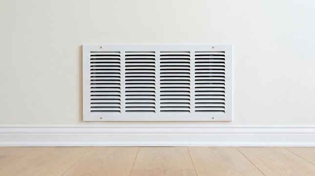Close up of white air vent grille on light painted wall above baseboard with wooden floor, suitable for interior design and HVAC themes.