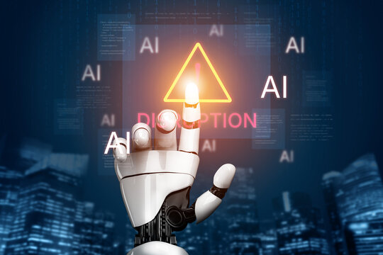 Disruption warning future of work, featuring AI agents replacing human jobs. Represents labor unemployment, corporate automation cost shift, and need for new career reskilling and upskilling. Corpus