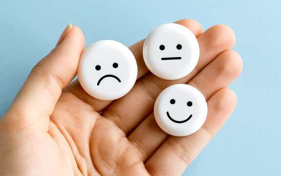 A human hand holding three white round face icons representing sad, neutral, and happy emotions, symbolizing customer satisfaction feedback, mood tracking, or mental health