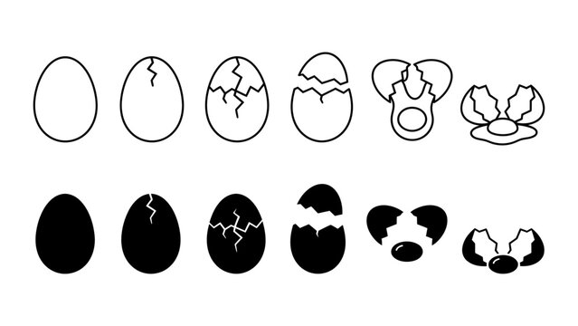Set of cracked and broken egg shell icons in black and white silhouette with life cycle animal product icon set design element hatching egg raw egg stage food icon