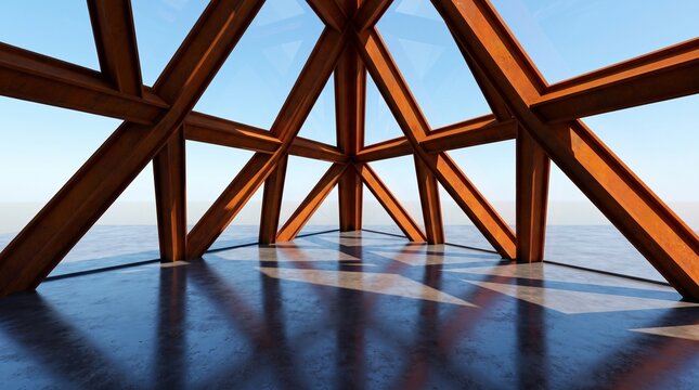 Abstract view of a modern building interior featuring a geometric steel frame structure under a bright clear blue sky