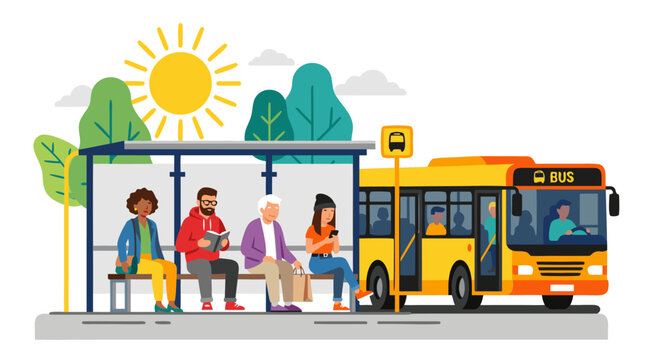 Four diverse commuters sitting on a bench under a modern bus stop shelter beside an arriving bright yellow city bus on a sunny late summer day flat color vector illustration