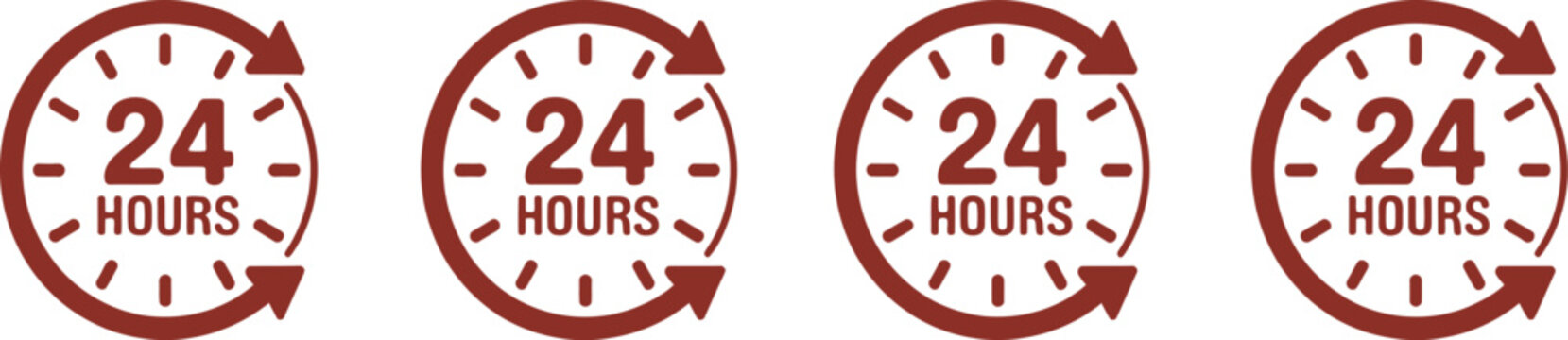 24 hour icon, twenty four hours logo, clock symbol, all day service badge, customer support sign, business availability, isolated on white background.