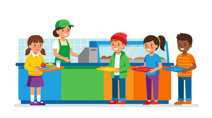 Fototapeta premium Students Standing in Line at School Cafeteria Counter Receiving Trays of Food from Friendly Server Flat Color Vector Illustration - professional high resolution detailed commercial stock imagery