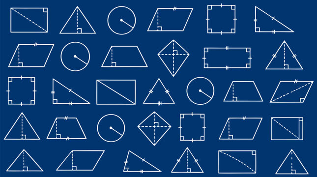 Scattered geometric formulas and area-finding diagrams with triangles rectangles parallelograms circles and trapezoids tiled as flat seamless pattern on deep blue chalkboard background