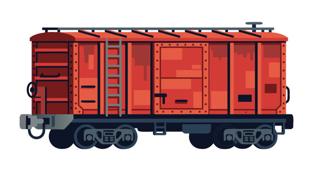 Freight Train Boxcar with Weathered Red Panels and Metal Coupling, Stylized Vector Illustration with Flat Color Blocks on Clean White Background - professional high detailed commercial stock imagery