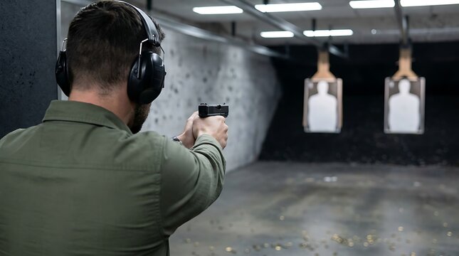 Focused shooter aiming handgun at silhouette targets in indoor firing range with safety earmuffs during tactical training exercise on cement floor.