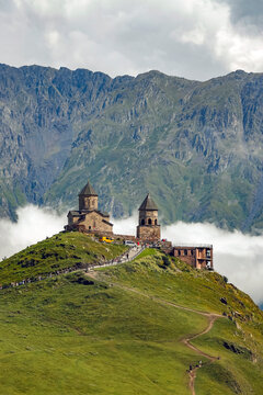 Gergeti Trinity Church (Tsminda Sameba), Holy Trinity Church near the village of Gergeti in Caucasian mountains, Georgia