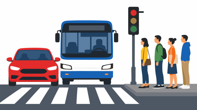 Flat vector illustration of red car and blue city bus stopped at red traffic light on zebra crosswalk with diverse pedestrians waiting on sidewalk curb busy urban city intersection street scene