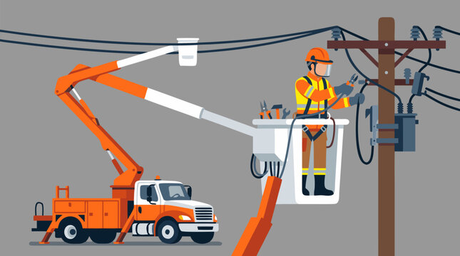 Professional electrician in protective safety gear hard hat face shield high visibility vest standing in elevated bucket truck working on overhead power lines utility pole flat vector illustration