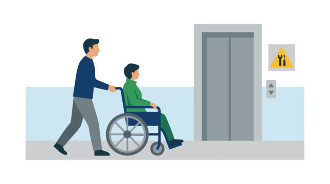 Caregiver pushing disabled patient in wheelchair toward elevator with maintenance warning sign in modern hospital hallway flat vector illustration accessibility healthcare concept