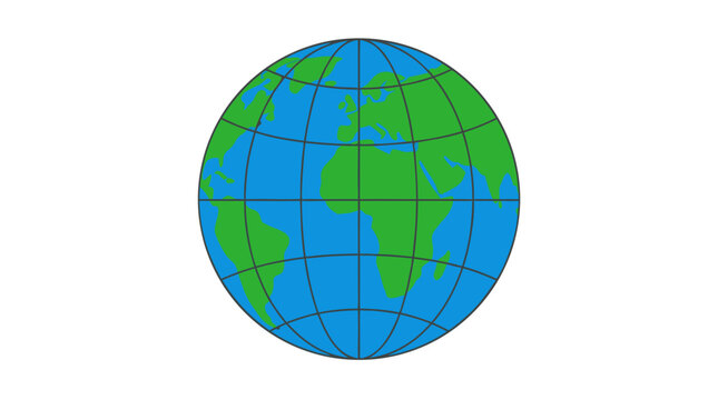 Simplified Vector Globe Illustration Featuring Green Continents and Blue Oceans with Thin Grid Overlay, Minimalist Flat Design Earth with Latitude and Longitude Lines for Educational and Commercial