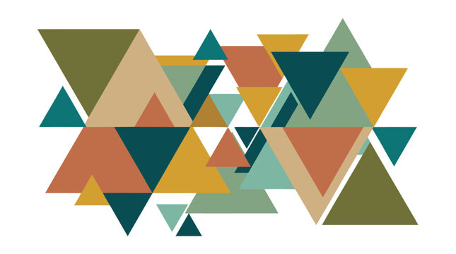 Abstract vector illustration of overlapping triangles in muted earth tones with teal, mustard, terracotta, modern flat geometric polygonal pattern for creative background and presentation design