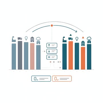 Comparative bar chart infographic showing industrial and operational metrics with upward and downward trend indicators and data summary boxes