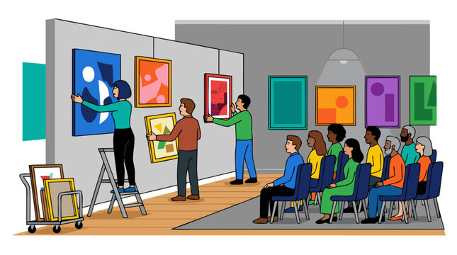 Artists installing colorful abstract paintings on gallery walls while diverse seated audience watches art exhibition setup in modern showroom, bold flat vector illustration of museum curation