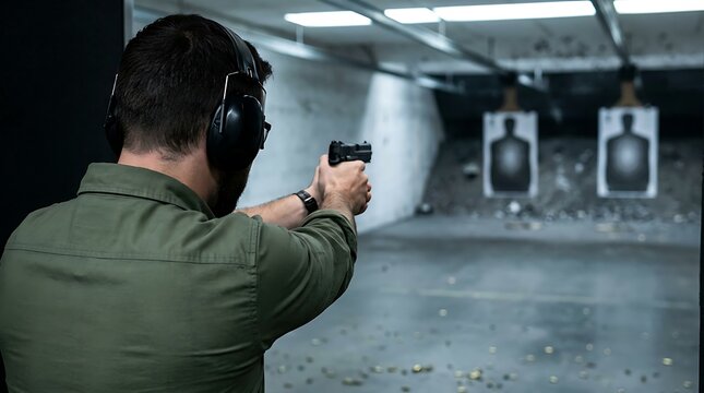 Rear view of focused man wearing ear protection earmuffs aiming handgun at silhouette paper targets on indoor shooting range practice field for sport hobby.