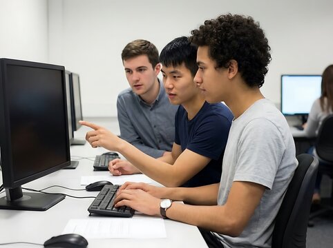 Group of three young diverse male students collaborating in university computer lab looking at screen pointing to lines of code during programming class project.