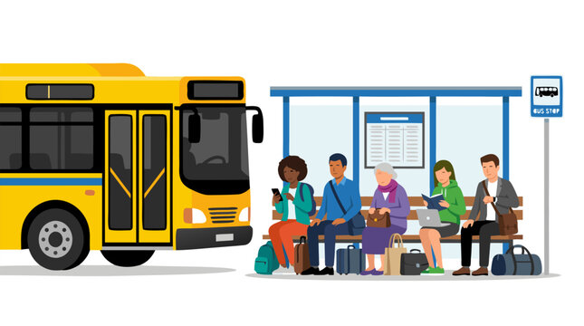 Diverse commuters sitting on bench at bus stop shelter beside yellow public bus waiting with luggage bags laptop and books at curbside - professional high resolution detailed commercial stock