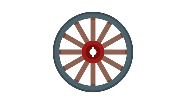 Vintage Red Wagon Wheel with Wooden Spokes and Metal Rim, Flat Geometric Vector Illustration on Clean White Background, Rustic Western Farm Cart Wheel Design Element - detailed commercial stock
