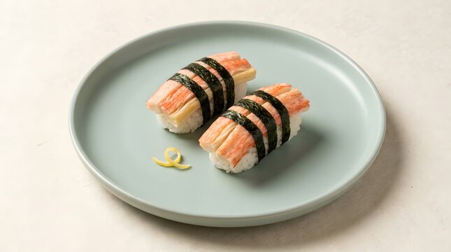 Two pieces of delicious kanikama sushi with seaweed and rice served on a pale blue plate with ginger