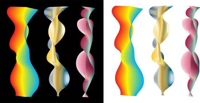 Set of 3D Twisted Ribbon Spiral Shapes in Rainbow Gold and Pink Gradient, Abstract Vector Design Elements.