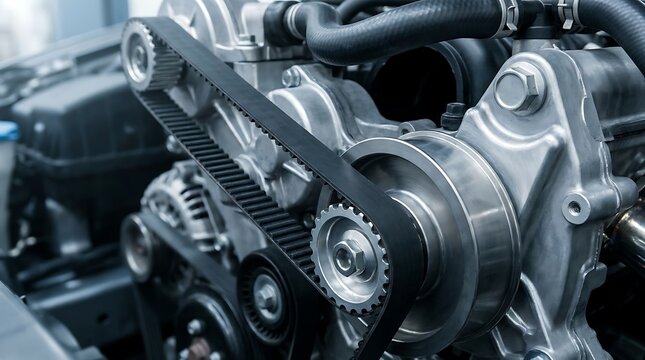 Automotive engine timing belt and pulleys system demonstrating complex mechanical engineering and precision technology for vehicle performance.