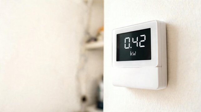 Digital electricity meter displaying power consumption in kilowatts on wall