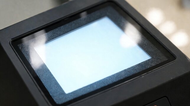 Closeup of illuminated LCD screen with black plastic frame