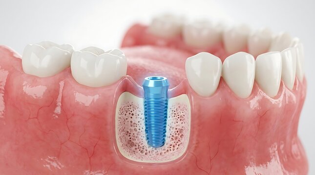 Dental implant screw surgically placed into jawbone next to healthy teeth, illustrating modern oral surgery and restorative dentistry for tooth replacement.