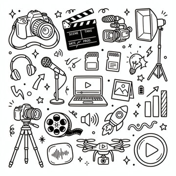 Photography Video Production and Vlogging Studio Doodle Icon Set, Hand Drawn Movie Clapperboard DSLR Camera Line Art Illustration Isolated on White Background for Filmmaker Blog and Media App Design